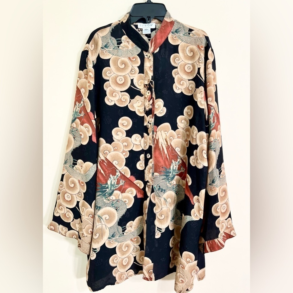 CITRON SANTA MONICA Women’s Silk Embroidered Long Sleeve Top Dragon Volcano L
